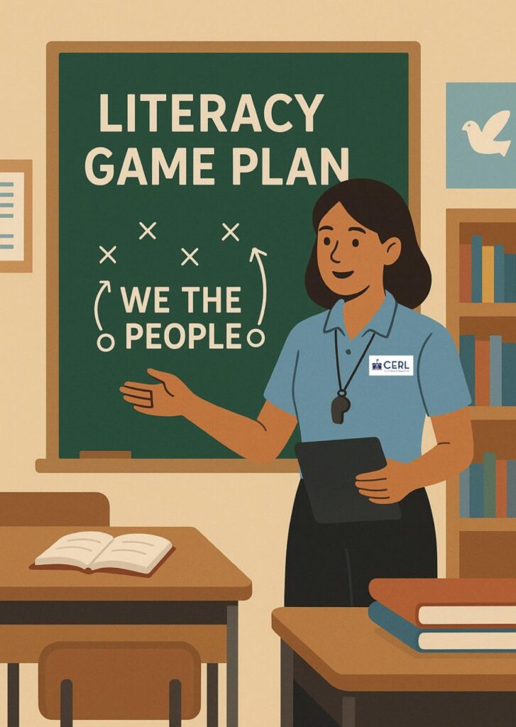 We the People teacher stands in front of her classroom. (graphic)