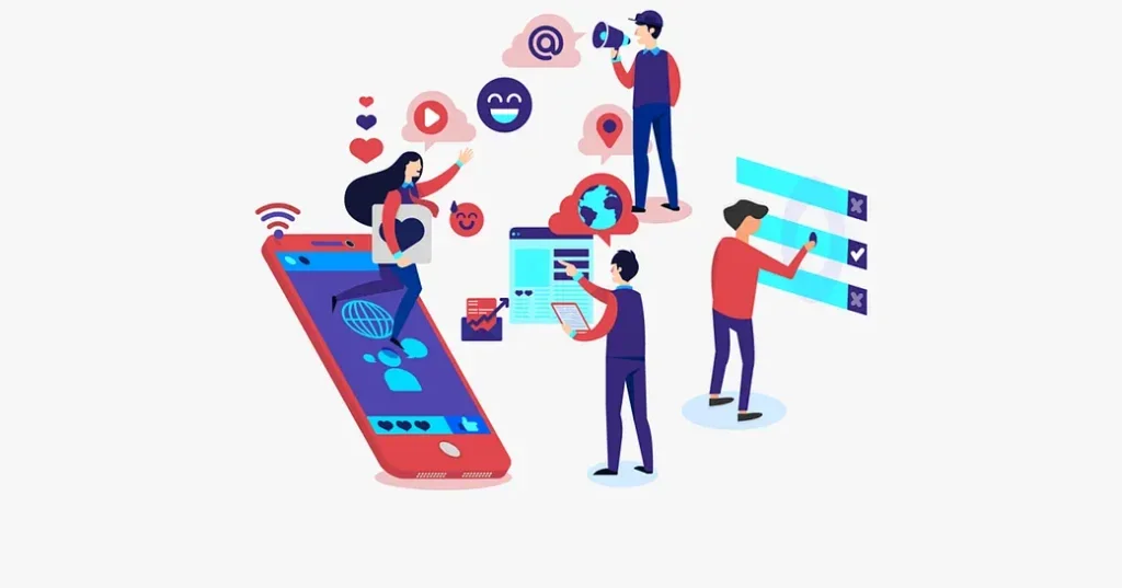 Graphic art of people on phones and screens