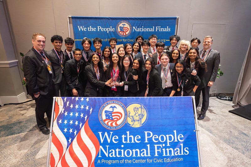 Foothill High School, the 2026 We the People National Finals Champions, pose with their award.