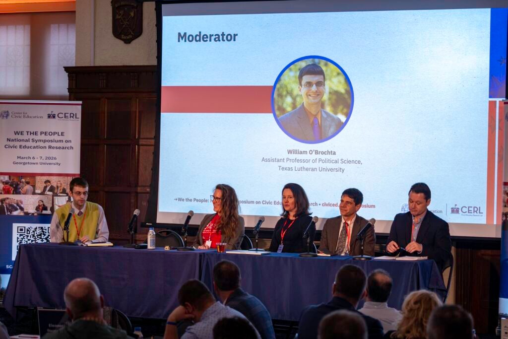 William O'Brockta moderates panel on Civic Education Breakthroughs at Georgetown University.