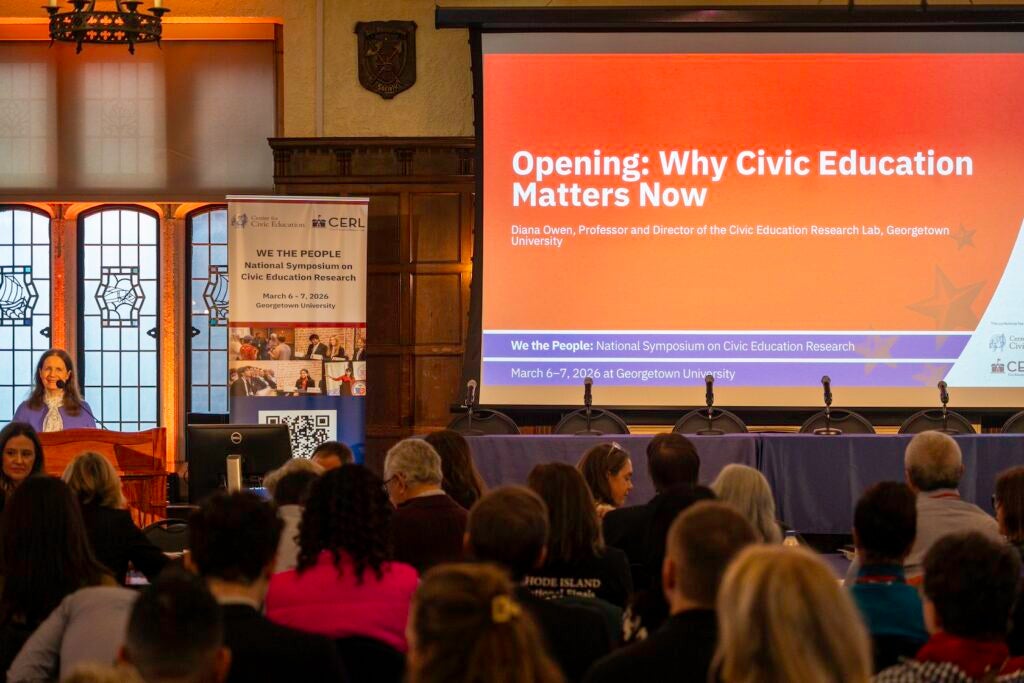 Dr. Diana Owen speaks to the We the People National Symposium on March 6, 2026.
