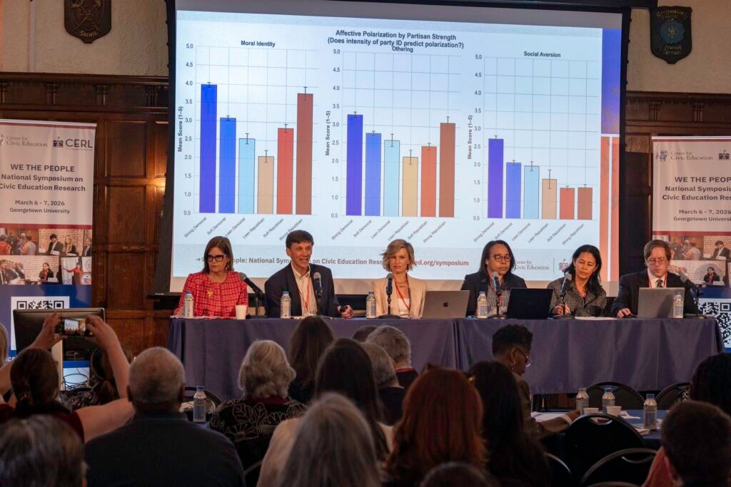 Panelists at the We the People National Symposium in D.C. answer "What Drives Civic Learning?" 